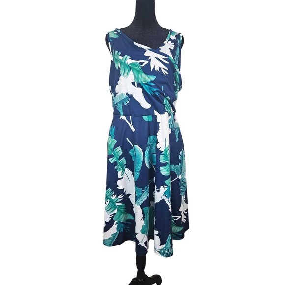 Womens Tropical Print Sleeveless Wrap Dress With Flowy Skirt Size XL Casual Chic - Picture 2 of 10